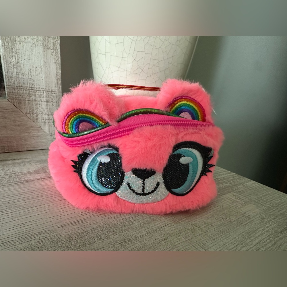Claire’s Pink Furry Kids Bag with Rainbow Ears NWT